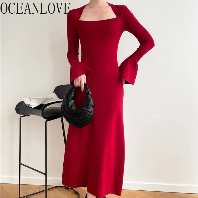 

OCEANLOVE женские платья с расклешенными рукавами трикотажное корейское модное осенне-зимнее винтажное платье ТРАПЕЦИЕВИДНОЕ элегантное плотное длинное платье