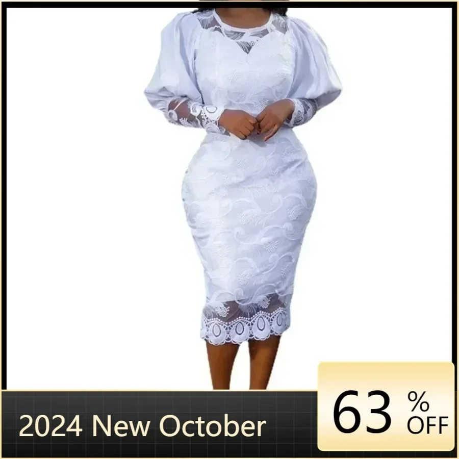 African Elegant Women White Lace Dress Puff Sleeve Embroidery Pencil Dress Plus Size 4XL Wedding Birthday Dinner Evening Clothes