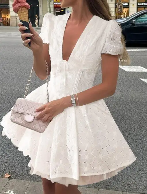 

2025 Spring/summer Leisure Vacation Style Solid Color Hollow Dress for Women