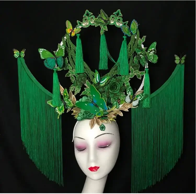 

Chinese Style Headwear Green Tassel Stage Exaggerated Women Perform Nightclub