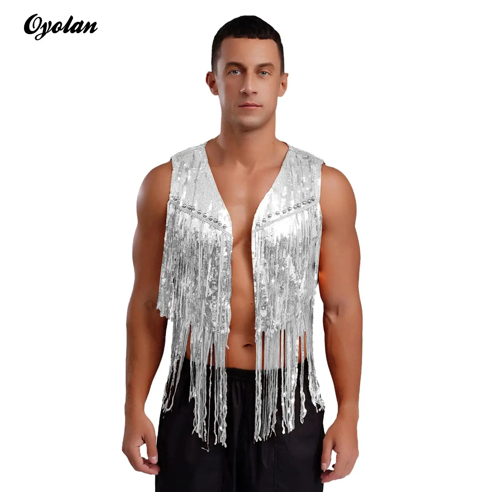 Mens Rivets Fringe Sequin Cowboy Waistcoat Open Front Sleeveless Jacket Tops Shiny Cardigan 70s Disco Club Party Hippie Costume