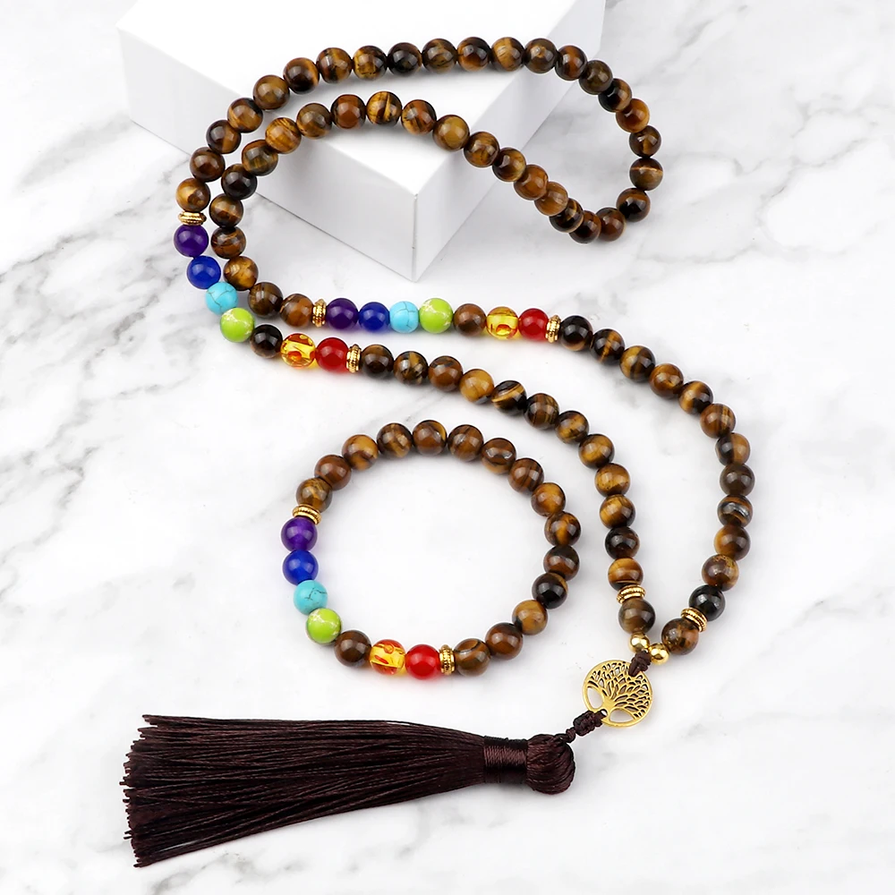 Luckly 7 Chakra Beaded Necklaces & Bracelets 8mm Matte Black Onyx Stone Necklace Japamala Sets Women Men Meditation Yoga Jewelry