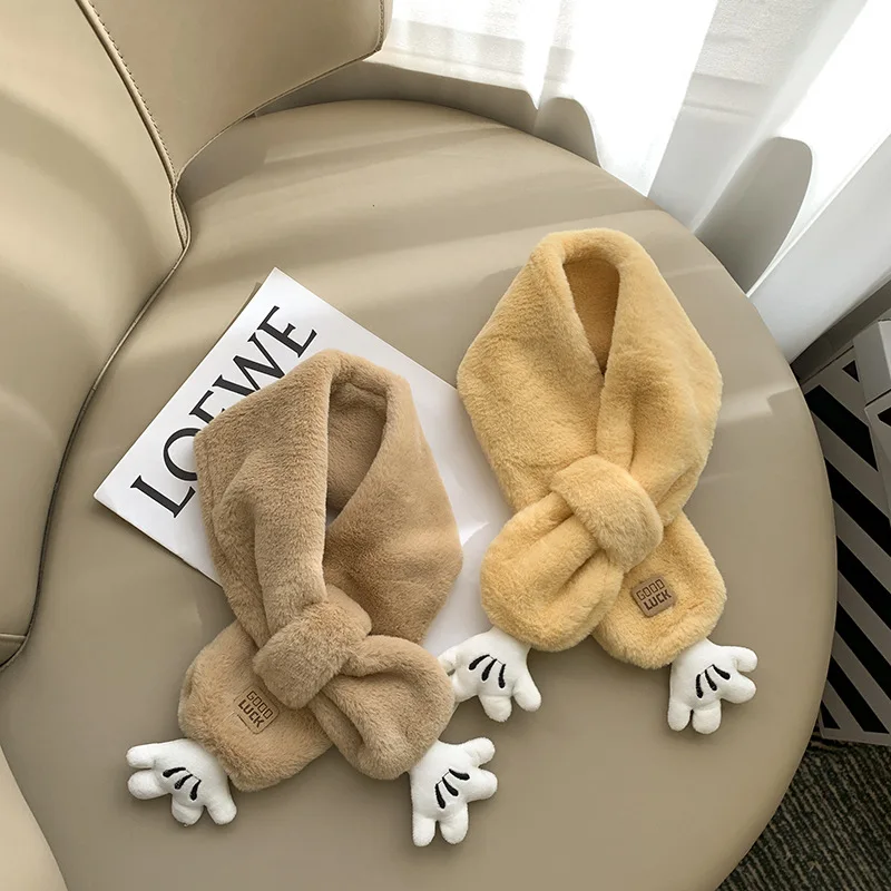 2-6Y Cute Bear Palm Children's Fluffy Scarf Autumn and Winter New Boys and Girls Cross Plush Warm Scarves