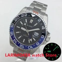 BLIGER 43mm GMT DG3804 Movement Men's Diving Mechanical Watch Black dial Sapphire glass stainless steel bracelet Ceramic bezel