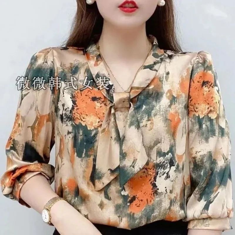 Camisa de gasa con lazo estampado para mujer, Jersey holgado de manga larga con cuello de bufanda, ropa elegante para primavera y otoño, 2023