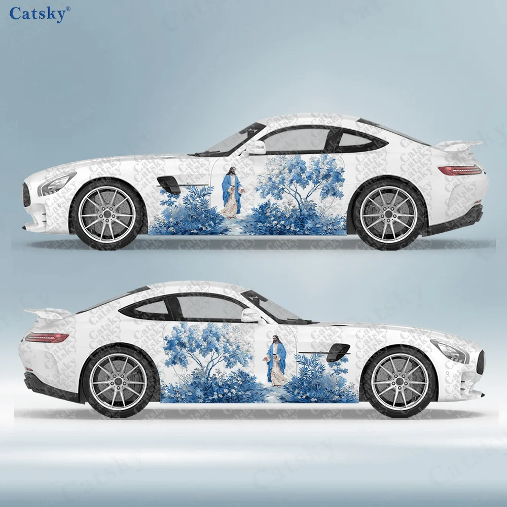 2pcs Jesus Under Flower Tree Car Side Wraps, Self-Adhesive PVC Waterproof & Scratch-Resistant Stickers, Car Accessory Gift