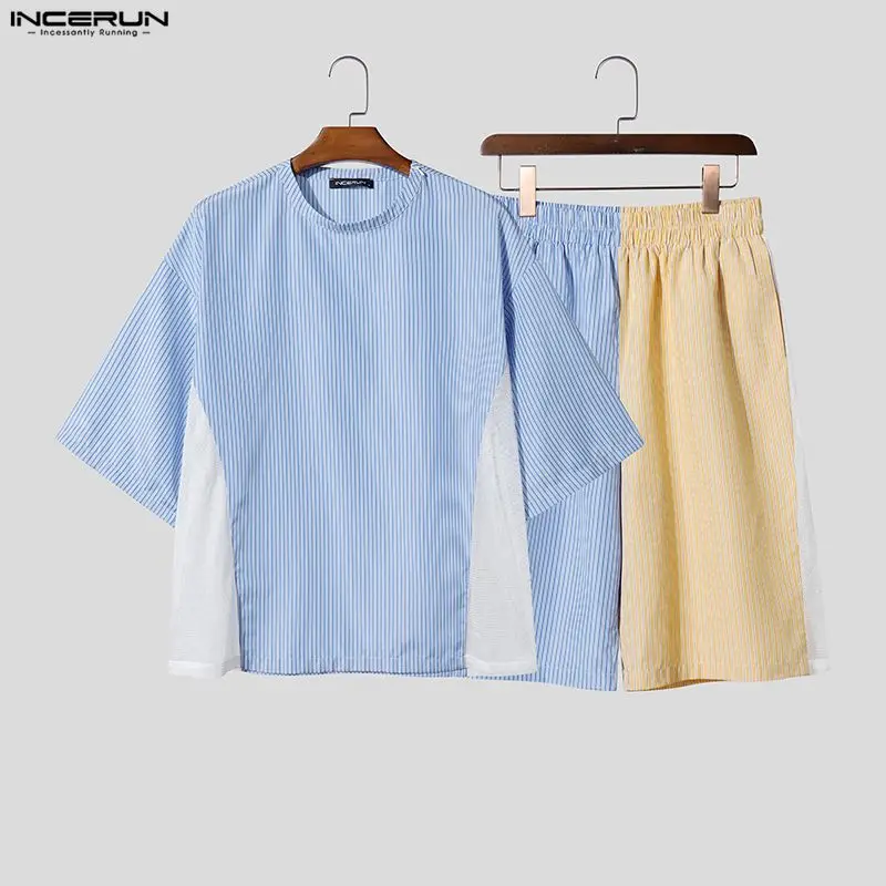 

INCERUN Men's Sets Striped Patchwork O-neck Short Sleeve T Shirt Shorts Two Piece Sets Streetwear 2026 Fashion Men Matching Sets