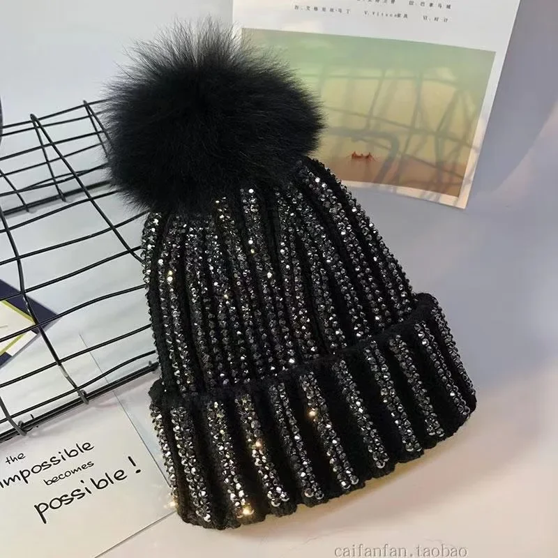 Removable Winter Warm Raccoon Fur Pom pom Knitted Hats Women Handmade Striped Rhinestone Bones With Fur Ball