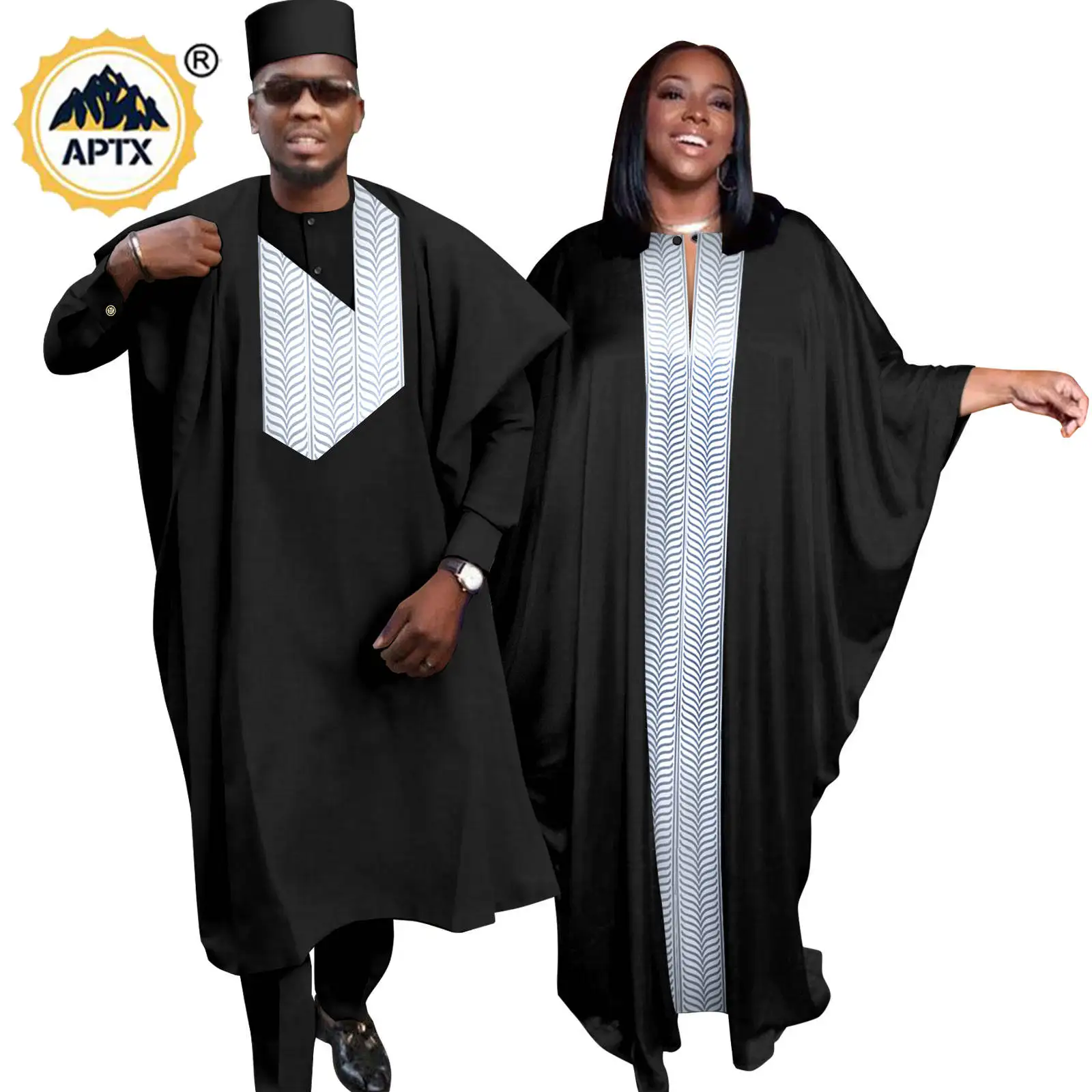 African Dresses for Women Abaya Matching Men Outfits Muslim Robes Top and Pants Cap Sets Bazin Riche Couples Clothes YT23C003