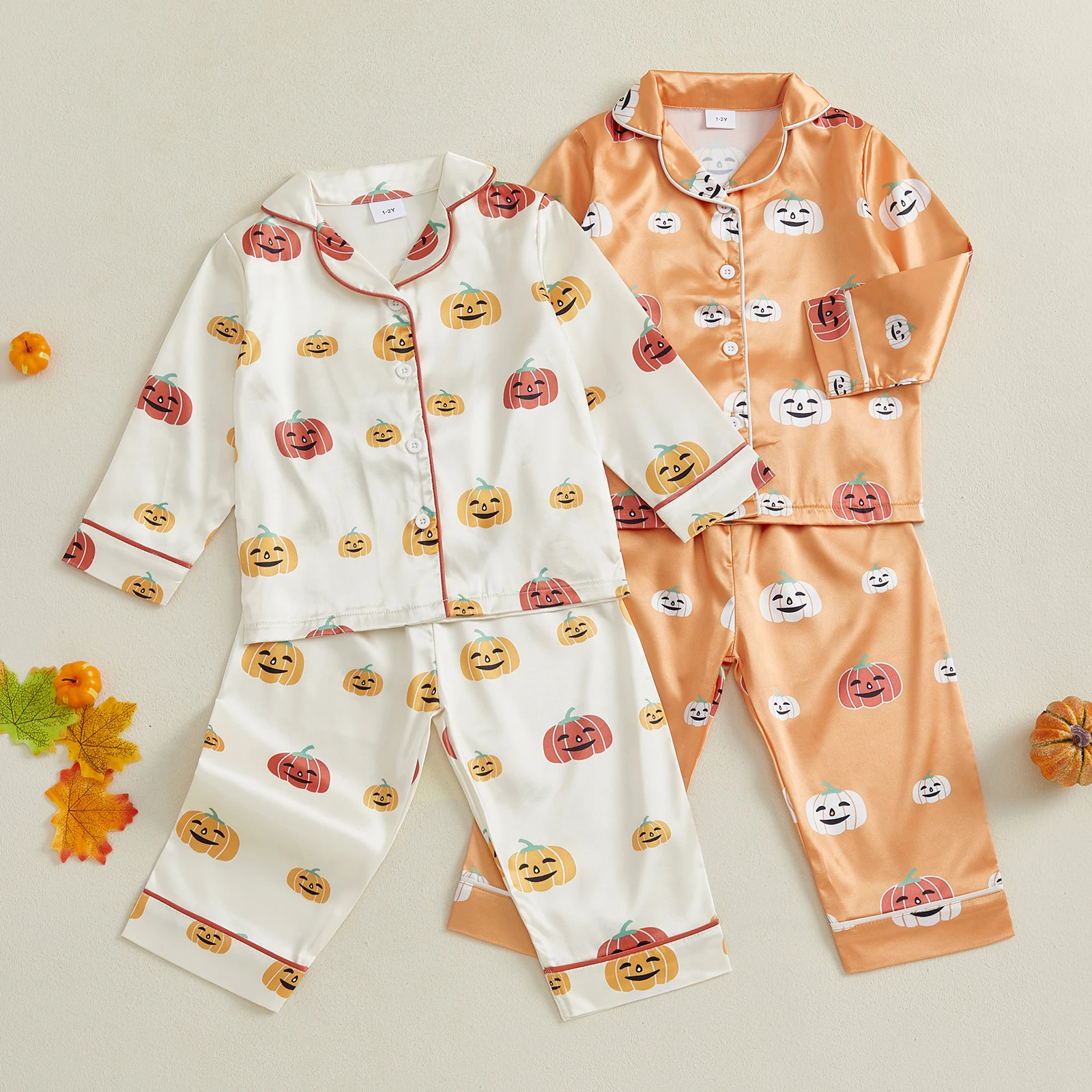 

Kid Halloween Satin Pajamas Set Pumpkin Print Lapel Long Sleeve Button Down Tops with Pants Two Pieces Sleepwear
