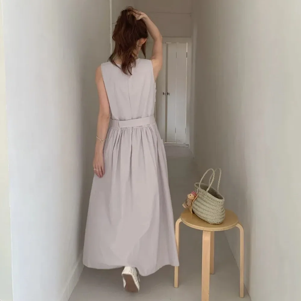 100% puro cotone tenero senza maniche abito lungo dal carro armato donna estate telai sottile a-line maxi vestito estivo femminile grandi tasche 2025