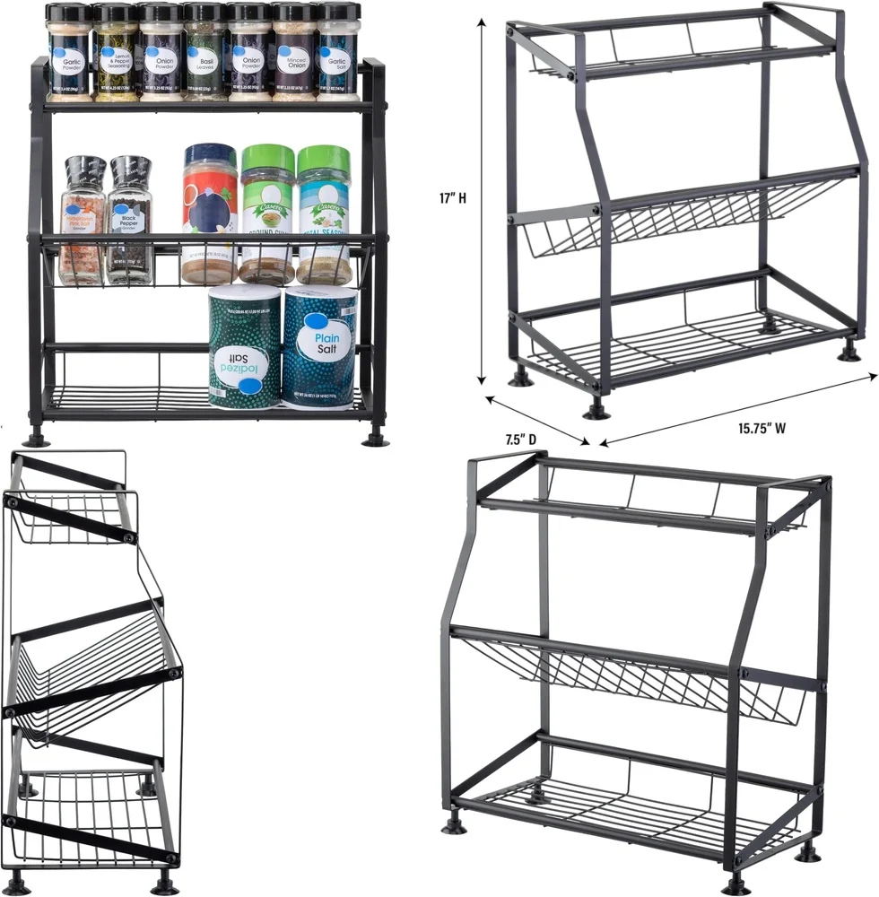 

3 Tier Spice Rack Kitchen Organizer Countertop Dish Rack Seasoning Storage Rack for Herbs Spices Condiments Utensils Holder
