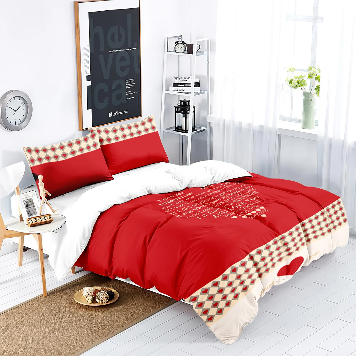 3 piece matte polyester fabric bedding set, skin friendly, comfortable, warm, red surface, heart-shaped, diamond shaped grid,