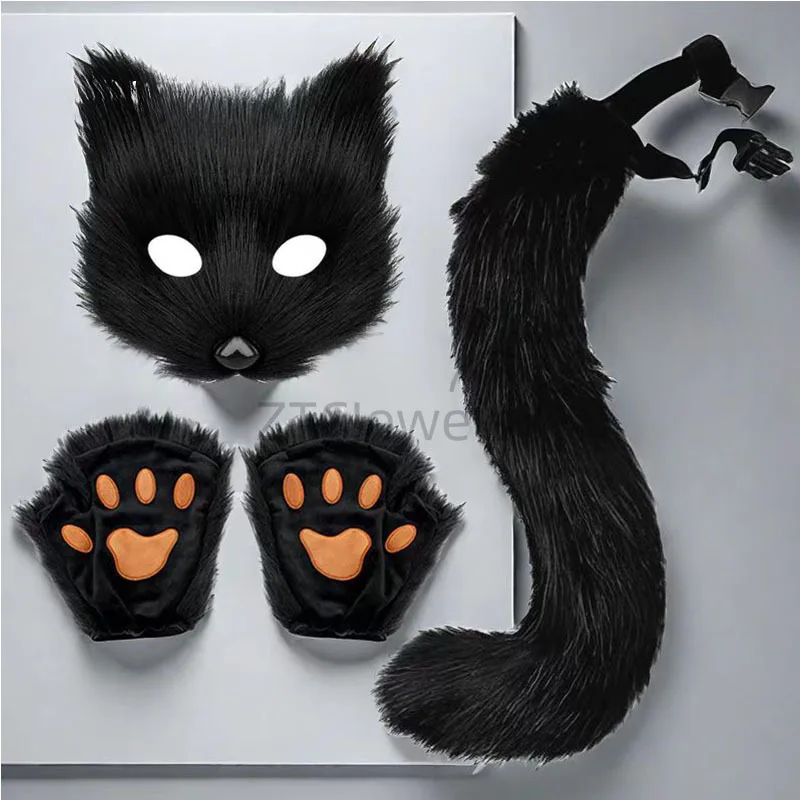 Set di costumi cosplay in pelliccia sintetica coda di volpe gatto lupo maschera di peluche guanti soffici zampa accessori anime festa di Halloween per ragazze donne