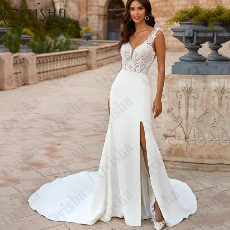 OYISHA High Split Mermaid Wedding Dress Fashion V-Neck Sleeveless Satin Bride Party Spaghetti Straps Backless Button Robe Mariée