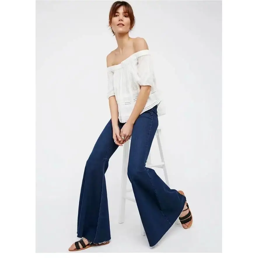 ارتفاع الخصر مطاطا الدينيم الجينز المرأة جرس بوت الرجعية Sle القطن مزيج بسط السيدات السراويل خريف شتاء الوافدين الجدد