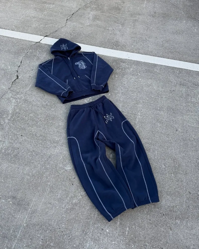 Hip hop fashion Vintage patchwork pattern embroidery design men clothing Y2k set Punk Harajuku casual couple oversized tracksuit