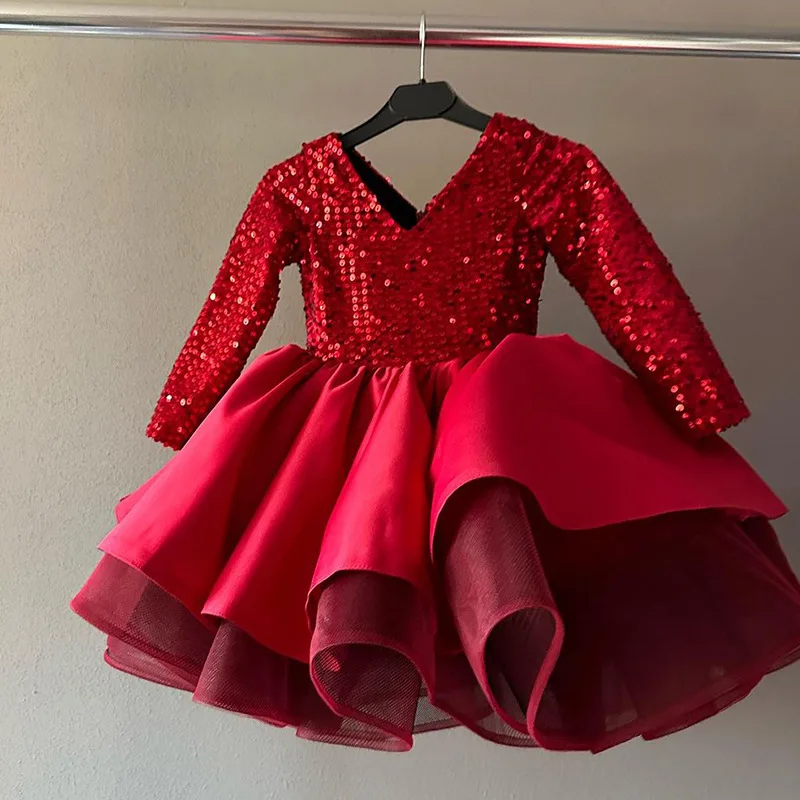 2024 Mädchen Leistungs kleid Weihnachten luxuriöse Baby kleider Kinder Mädchen Pailletten rotes Ballkleid Kinder elegante Party kleidung