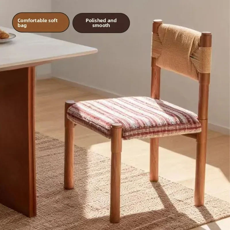 French Vintage Solid Wood Upholstered Dining Chair Soft Padded Backrest Rope Woven Seat Living Room Dining Room Chairs Kitchen