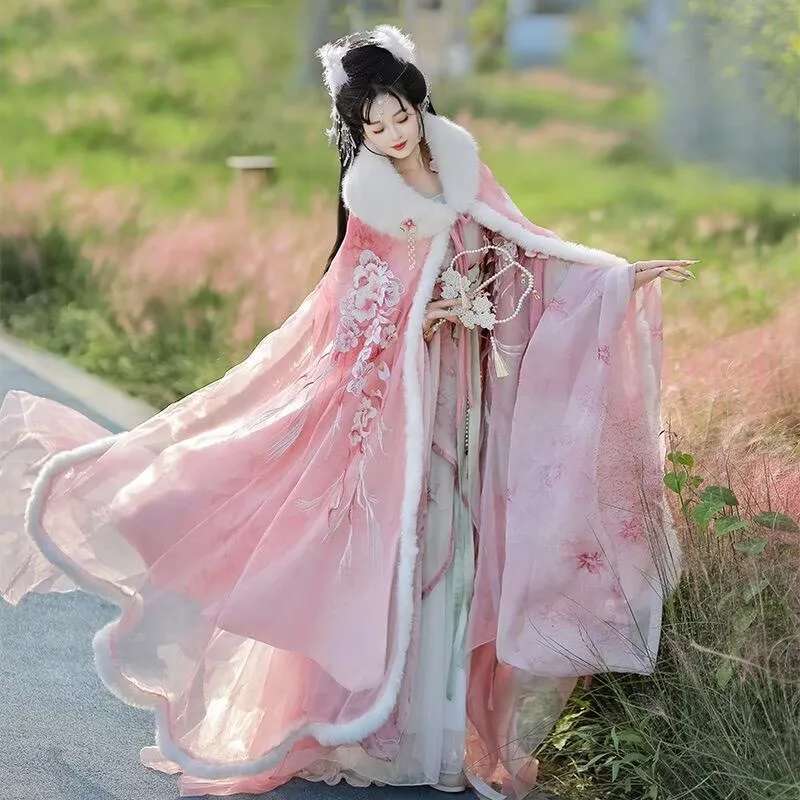 Pink&Red Hanfu Cloak Dress Women Xmas New Year Costume Ancient Chinese Vintage Embroidery Winter Hanfu Suit with Cloak Warm
