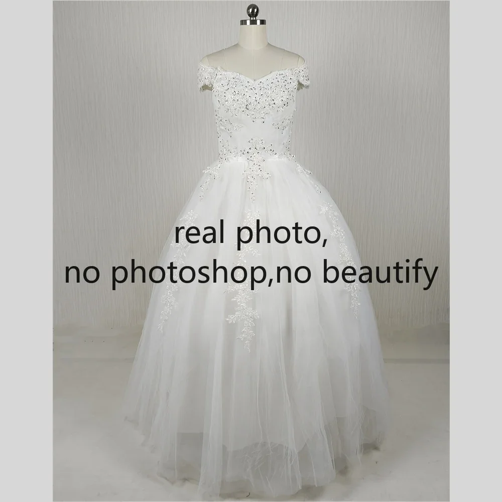 Clearance Size 4 Wedding Dress White Beads Off the Shoulder Embroidery Lace up Princess Floor Length Bride Ball Gown 1602