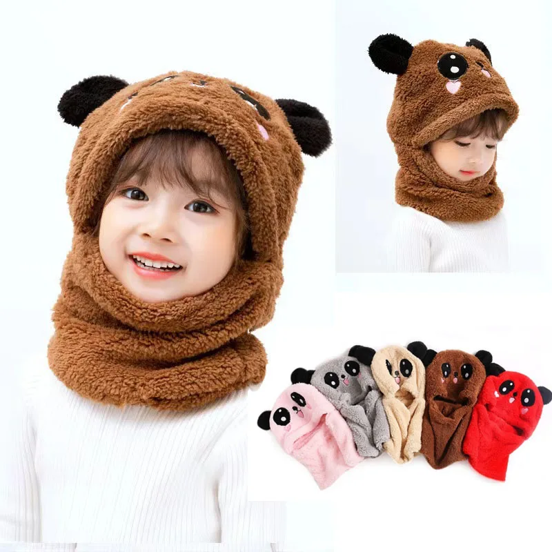 Cute Bear Winter Kids Hat with Scarf Outdoor Warm Kids Ear Protection Caps Scarf Hood Winter Plush Baby Hat