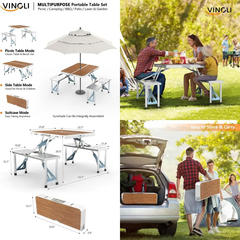 

Folding Lightweight Aluminum Picnic Table Set with 4 Seats and Umbrella Hole, Supports 220 lbs, Ideal for Outdoor Activities