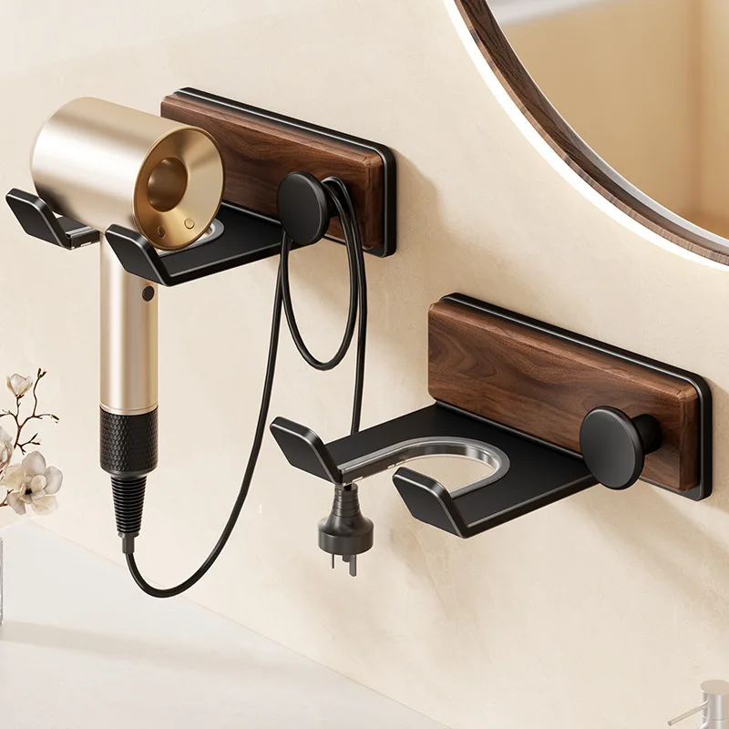 Soporte para Secador de Pelo de Madera de Nogal – Estante de Montaje en Pared sin Perforaciones para Baño, Organizador de Almacenamiento de Aluminio para Secador de Pelo