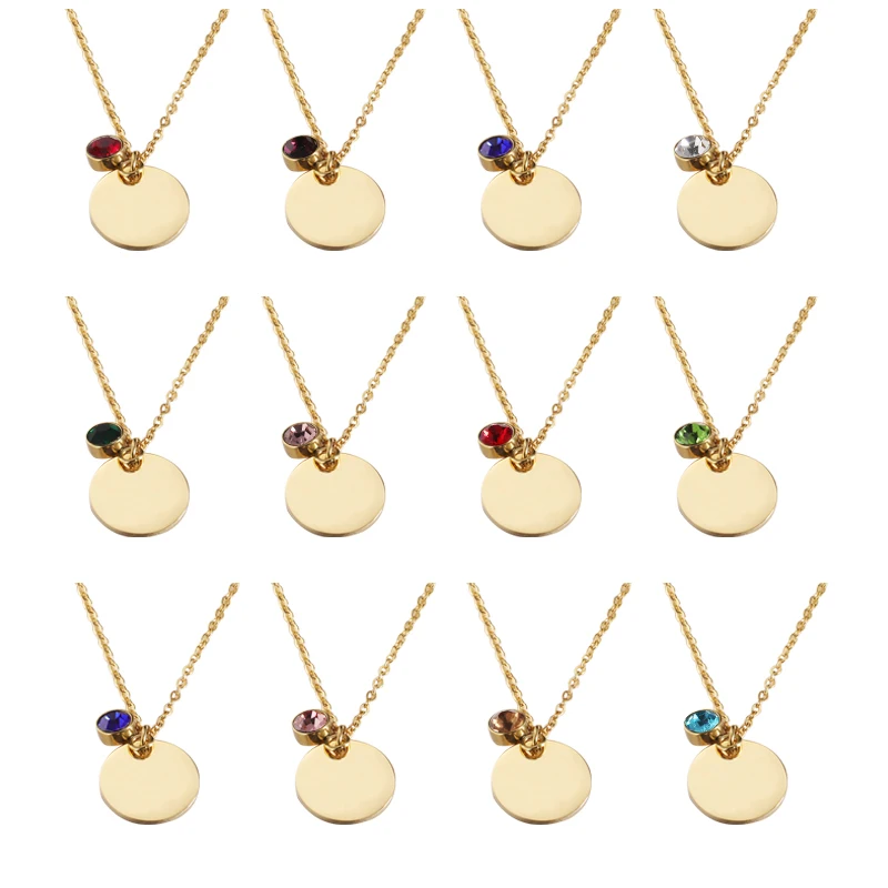 Fnixtar 12Pcs 45cm 15mm Round Discs Birthstone Necklace Mirror Polish Stainless Steel Chain Necklace For Women's Fashion 2021