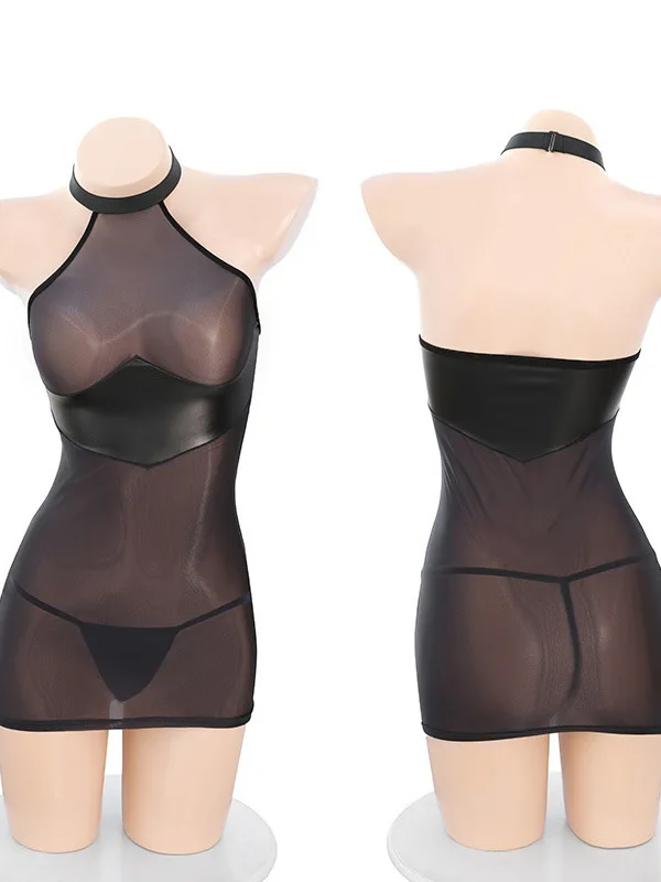 Verano 2025 nueva moda ropa de mujer cuello colgante malla transparente Color sólido Sexy apretado bolso exótico cadera vestido elegante VSJB