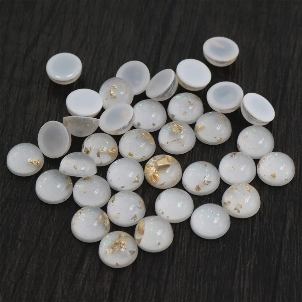 New Style 40pcs 8mm 10mm Black White Built-in Gold color leaf Style Flat back Resin Cabochons Fit 8/10mm Cameo Base Cabochons