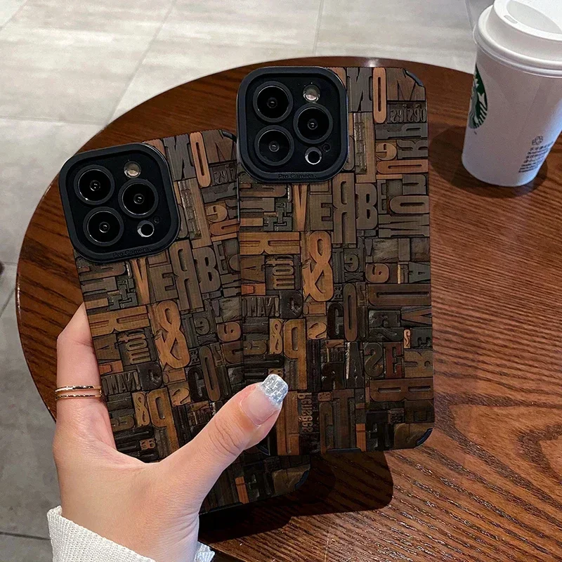 Retro Wooden Blocks Leather Phone Case For Funda iphone 15 14 12mini 11 13 Pro 15Pro 14Pro Max Cover For iphone 16 17 Air Coque