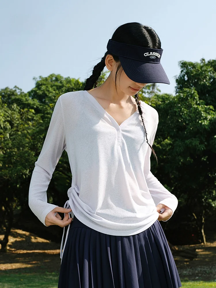 

Semir Long Sve V-Ne T-irt Women Summer Loose Dstring Casual Soft Top Pure Color Polyester Fabric Loose Fit T-irt