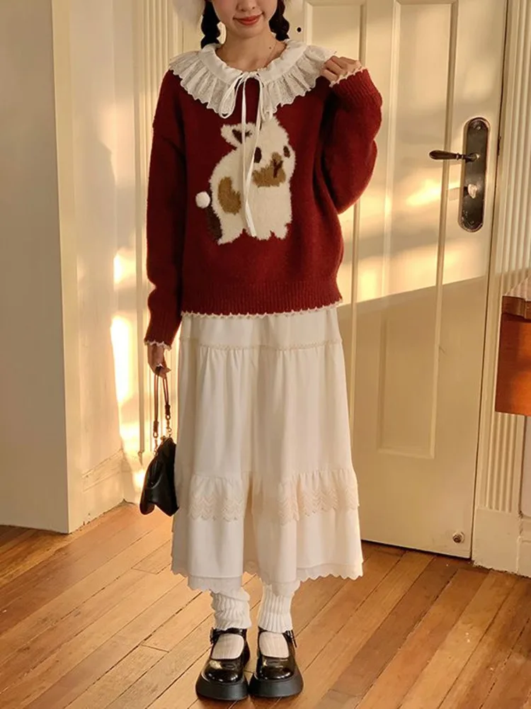 Wine Red Christmas Rabbit Sweater Female Pullover Kintwear Autumn Winter Cute Knitted Gentle Tie Top New Year Chic Clothes