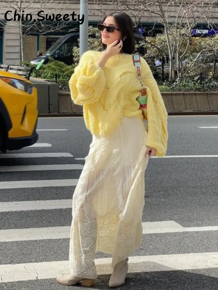 

Casual Women's Knitted Sweater Loose Yellow O-neck Full Sleeve Female Pullover 2025 Autumn Winter Lady All-match Knitwears New