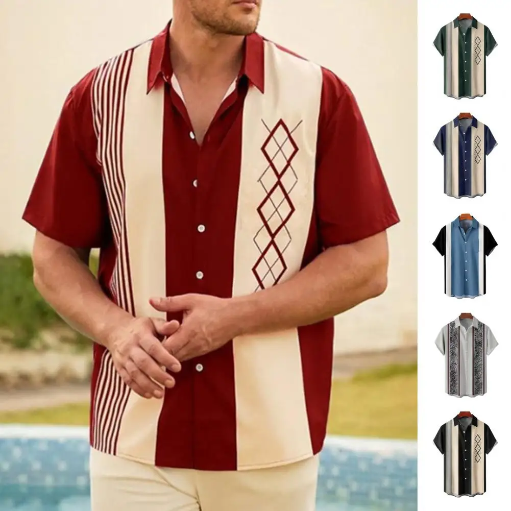 

Men Summer Shirt Men's Summer Resort Wear Color Matching Cardigan with Turn-down Collar for Beach Vacation Short Sleeves Loose