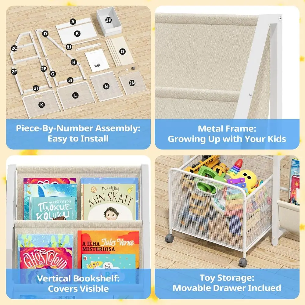 Estantería para niños y organizador de almacenamiento de juguetes, estantería para libros de 3 niveles para habitaciones de niños con cajón móvil, estantería para niños con 2 contenedores de juguetes, T