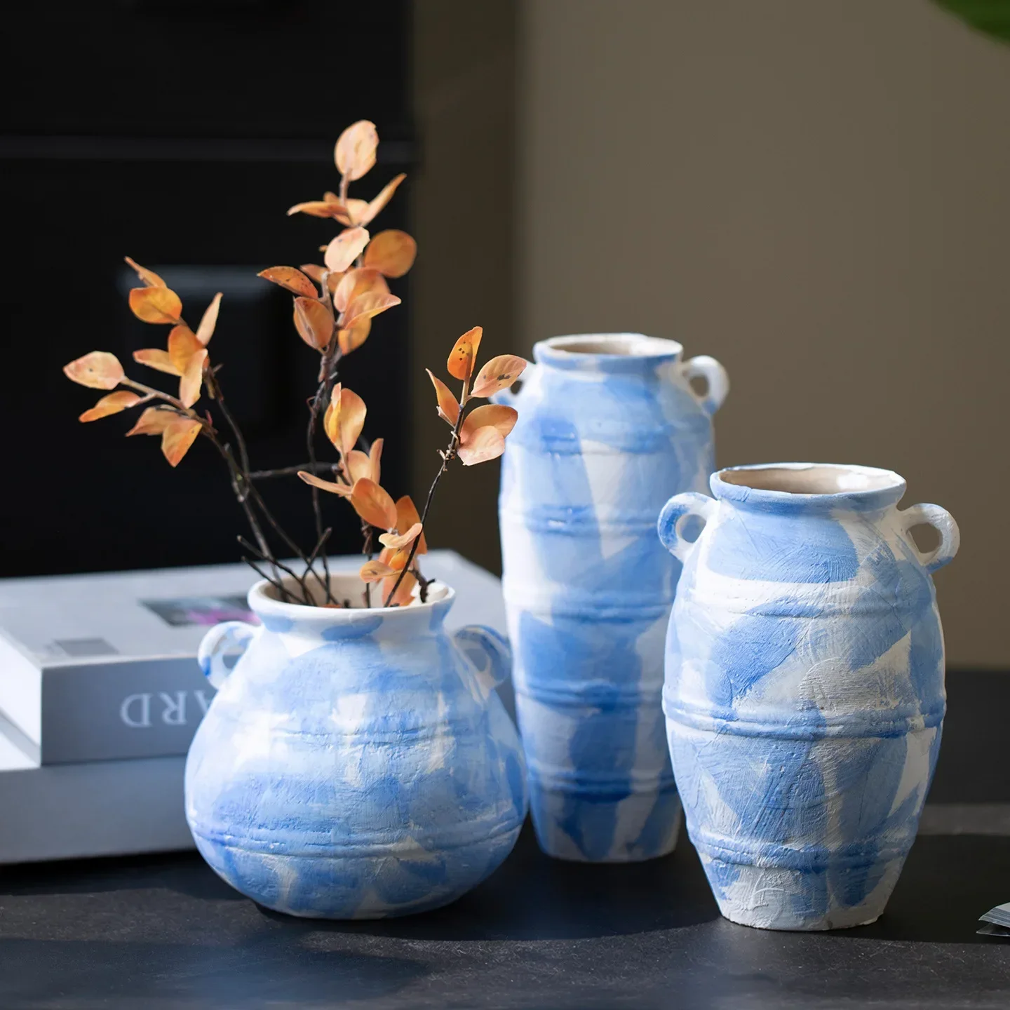 Ceramic Small Flower Vase Blue and White Double-ear Vintage Pottery Jar Flower Vase Flowering Arrangement Flowerpot Home Decor