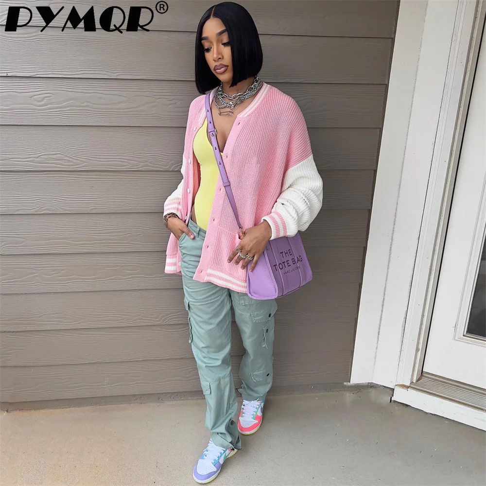 PYMQR New Woolen Baseball Jacket Y2K Print Women  Stretchy Button Cardican Coat 2023  Streetwear  Hip Hop Female Cloth