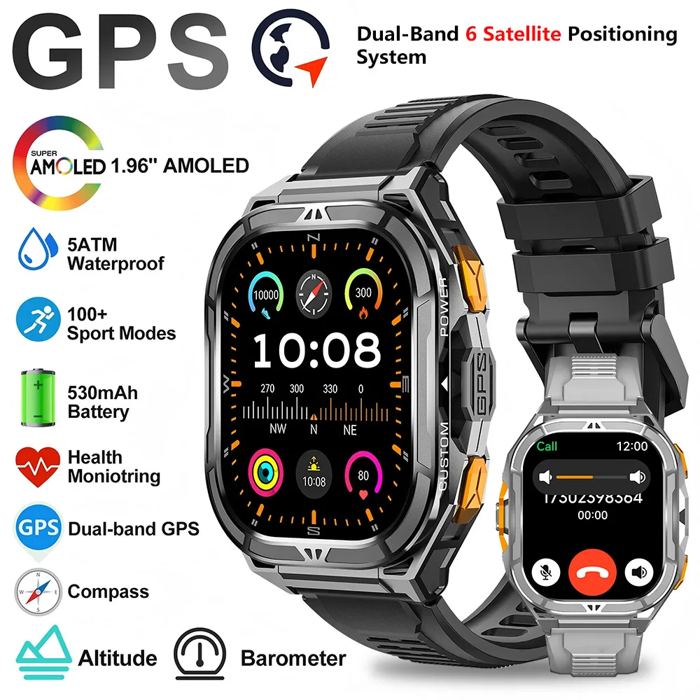 2025New GPS الساعات الذكية للرجل 1.96 بوصة HD AMOLED شاشة البوصلة بلوتوث دعوة 5ATM مقاوم للماء الرياضة ساعة ذكية أندرويد iOS