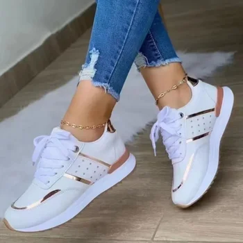 Zapatos deportivos de suela gruesa para mujer, zapatos planos de cuero, ligeros, para correr, informales, de talla grande, con cordones, vulcanizados, novedad de 2024
