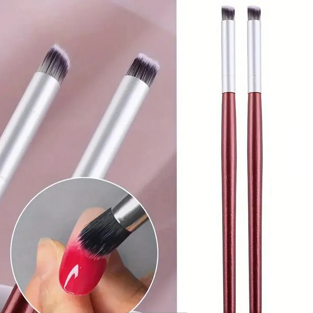 2 uds pincel degradado para uñas cabeza redonda oblicua pincel ombré pintura de Gel UV dibujo manicura pluma herramientas Flash ventilador de uñas de madera roja