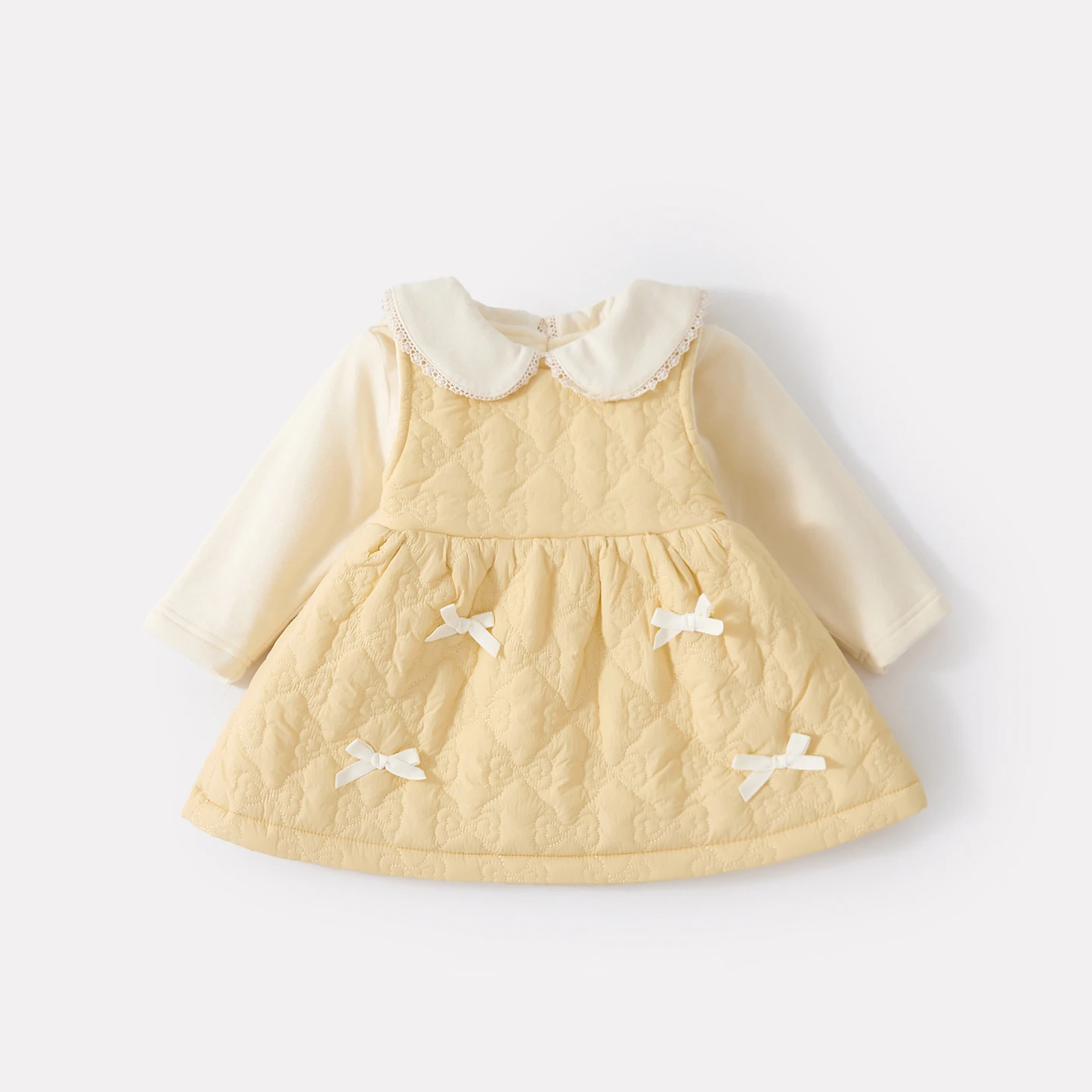 Sweet Baby Girls Winter Dress Set Fleece Lining Long Sleeve Shirt Yellow Bow Quilted Vest Dress Toddler Girls Princess Outfit
