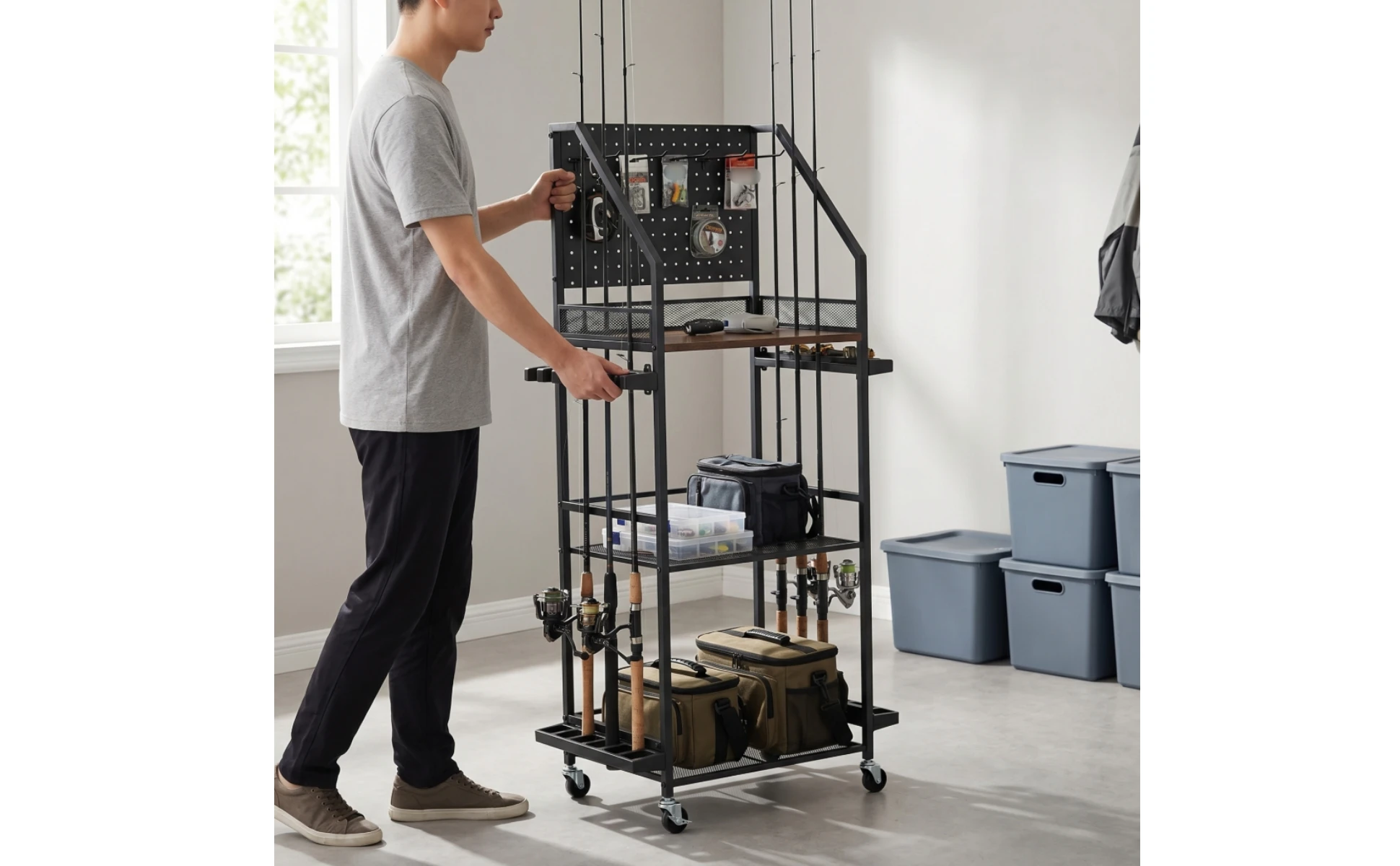 Angelrutenständer mit Lochplatte, mehrstöckiger Angelruten-Aufbewahrungswagen, robust und stabil für Angler, Garage, Werkstatt – Detail 7
