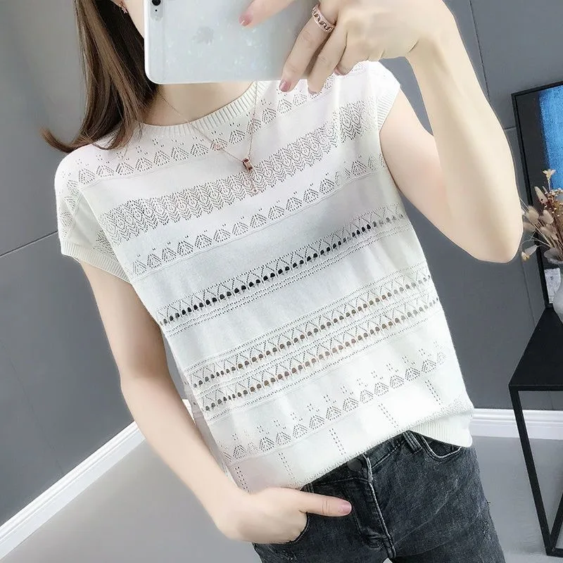 

Women Cotton Round Neck Hollow Out Knit Short Sleeve Casual Tee Top