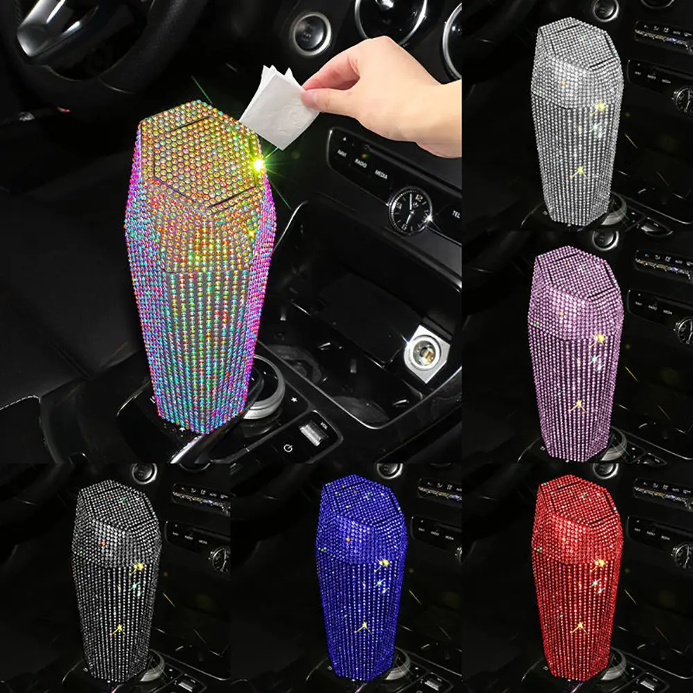 Mini Car Trash Garbage Bin Bling Car Accessories Pressing Type Coin Storage Cup Container Auto Supplies Glitter Trash Can