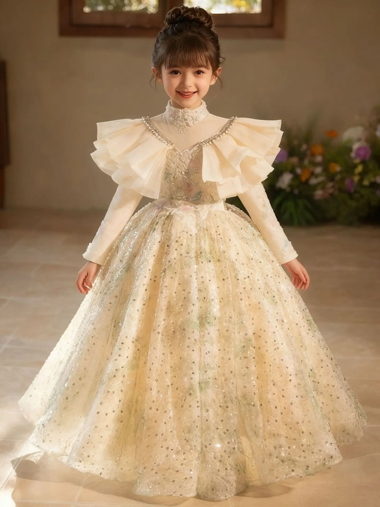 Flower Girl Dress Wedding Dress First Christmas Party Gown Kids Formal Occasion Dress with Ruffles and Sequinsفساتين اط