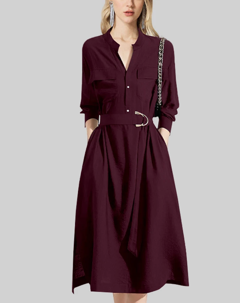 Französisch einfach elegant elegant V-Ausschnitt Langarm hoch taillierten Gürtel Slim Fit A-Linie Temperament Pendler Shirt langes Kleid für Frauen Herbst