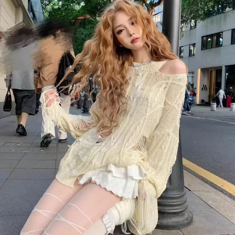 Fashion Street Hole Hollow Out Thin Pullovers Spring Summer See Through Knitted Tops Women Y2k Long Sleeve Loose Sweaters