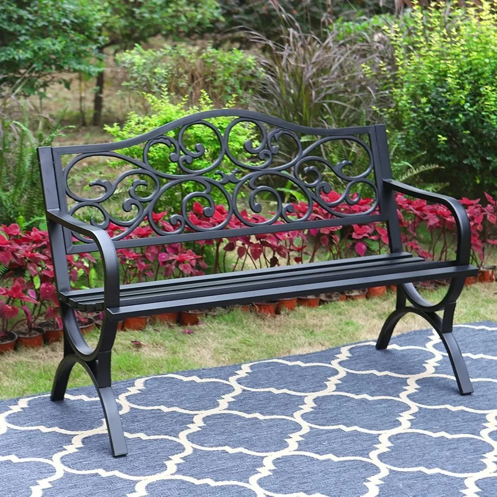 

50 Inches Outdoor Garden Bench,Cast Iron Metal Frame Patio Park Bench with Floral Pattern Backrest,Arch Legs for Porch, recliner